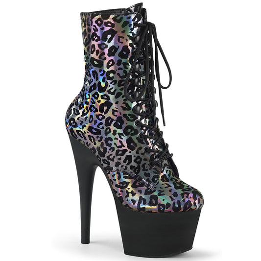 Pleaser Damen Knöchelstiefel ADORE-1020LP Pewter Leopard Print Holo / BLK Matt