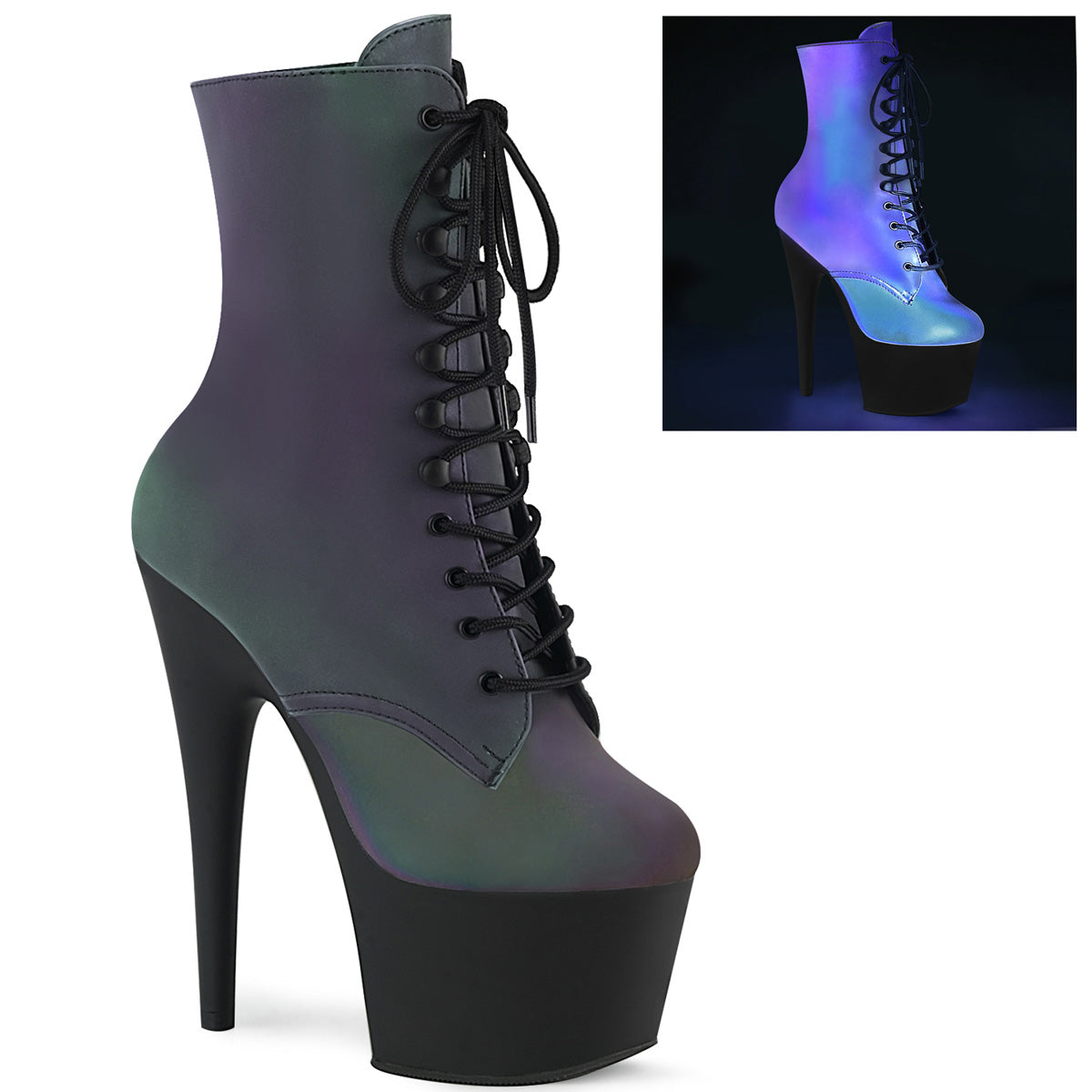 Pleaser Womens Ankle Boots ADORE-1020REFL Green Multi Reflective/Blk Matte