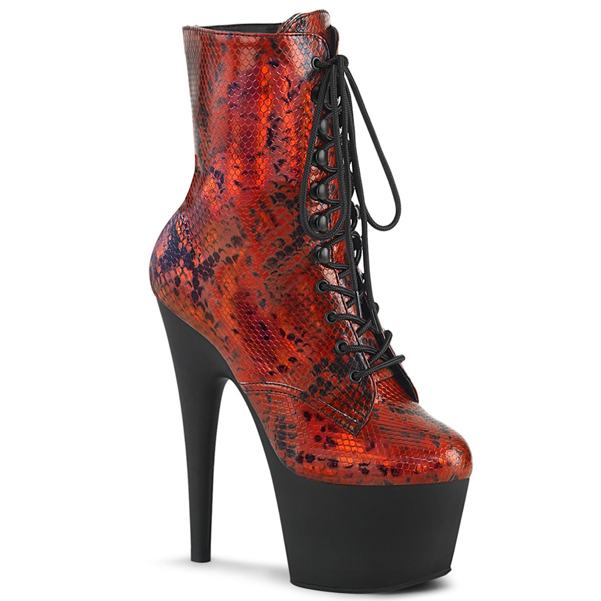 Pleaser Damen Knöchelstiefel ADORE-1020SP Red Holo Snake Print / BLK Matte