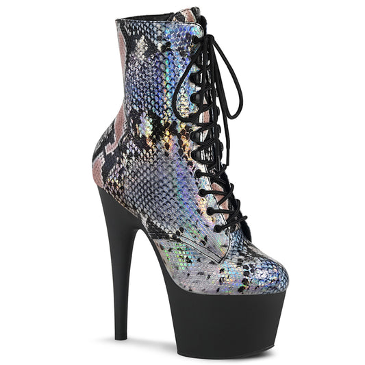 Pleaser Damen Knöchelstiefel ADORE-1020SP SLV Holo Snake Print / BLK Matte