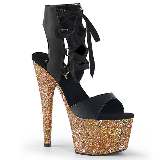 Pleaser Womens Sandals ADORE-700-14LG Blk Faux Leather/Rose Gold Multi Glitter