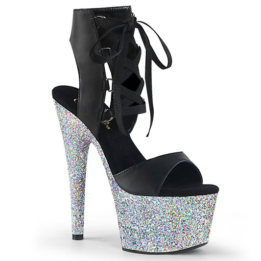 Pleaser Womens Sandals ADORE-700-14LG Blk Faux Leather/Slv Multi Glitter