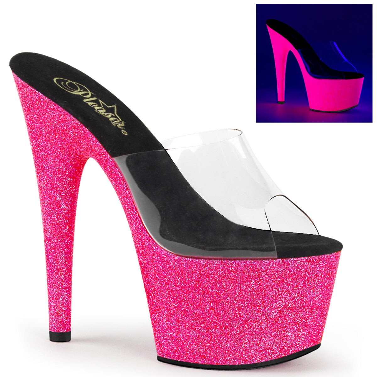 Pleaser Womens Sandals ADORE-701UVG Clr/Neon H. Pink Glitter