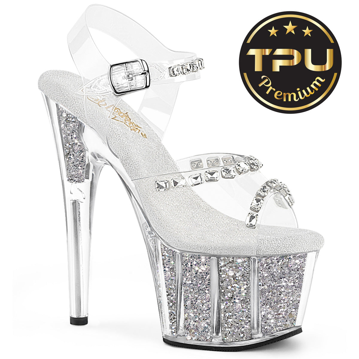 Pleaser Women's Platform Shoes ADORE-708PREM-STNG Clr TPU/Slv Glitter Ins