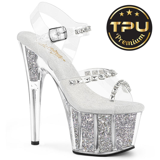 Pleaser Women's Platform Shoes ADORE-708PREM-STNG Clr TPU/Slv Glitter Ins