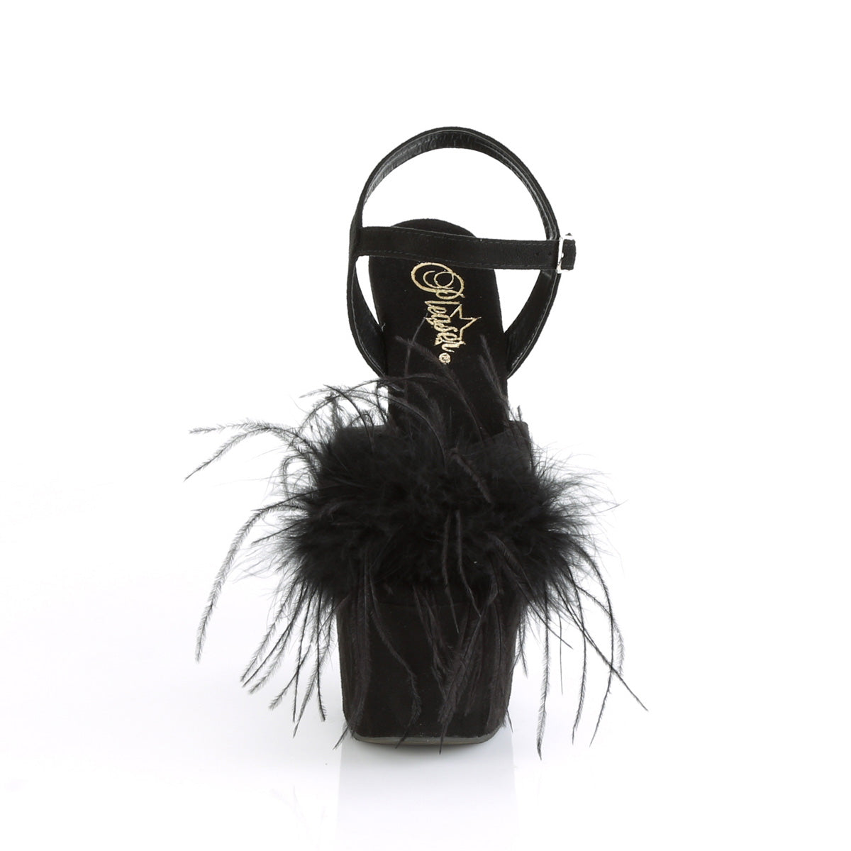 Pleaser Womens Sandals ADORE-709F Blk Faux Suede-Feather/Blk Faux Suede
