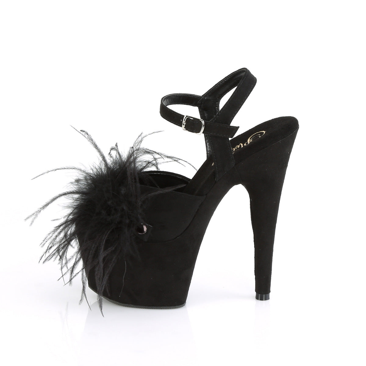 Pleaser Womens Sandals ADORE-709F Blk Faux Suede-Feather/Blk Faux Suede