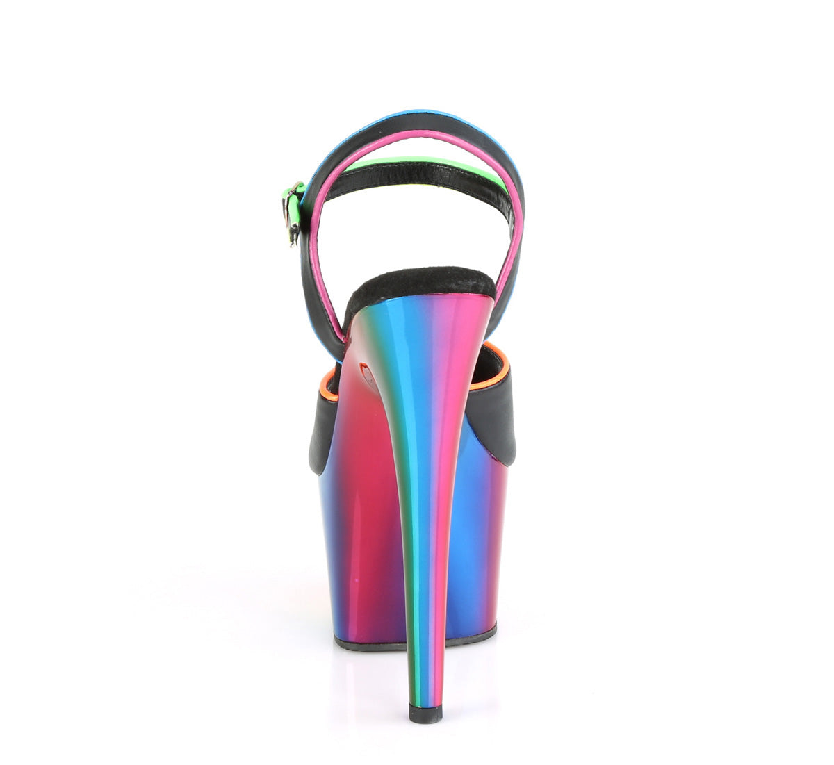 Pleaser Womens Sandals ADORE-709RC-02 Blk Faux Leather/Rainbow Chrome