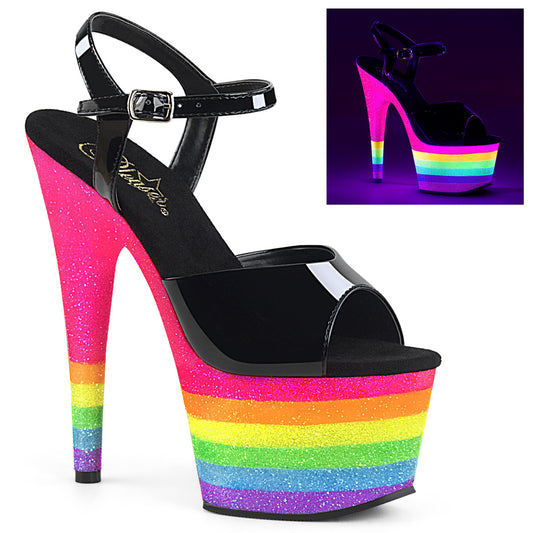 Pleaser Damen Sandalen ADORE-709UVRB BLK / Neon Rainbow Funkeln