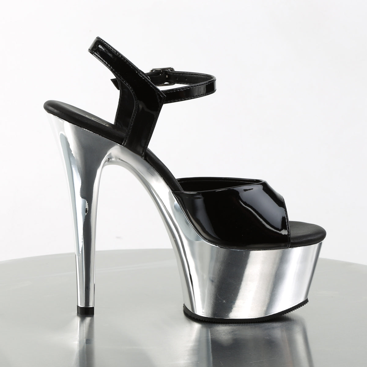 Pleaser Womens Sandals ASPIRE-609 Blk Pat/Slv Chrome