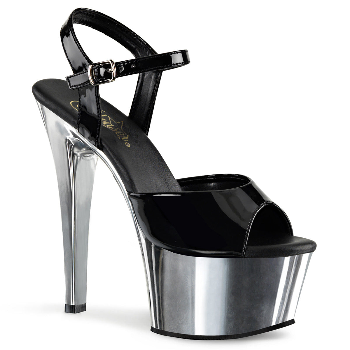Pleaser Womens Sandals ASPIRE-609 Blk Pat/Slv Chrome