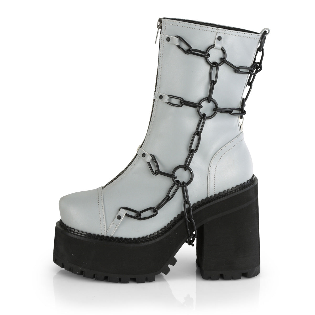 DemoniaCult Womens Ankle Boots ASSAULT-66 Grey Reflective Vegan Leather