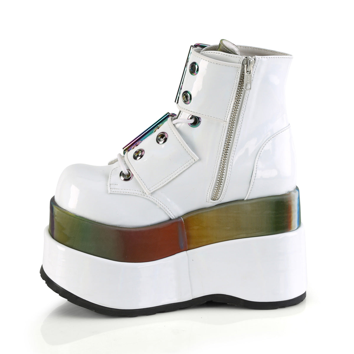 DemoniaCult Womens Ankle Boots BEAR-104 Wht Patent-Rainbow Reflective