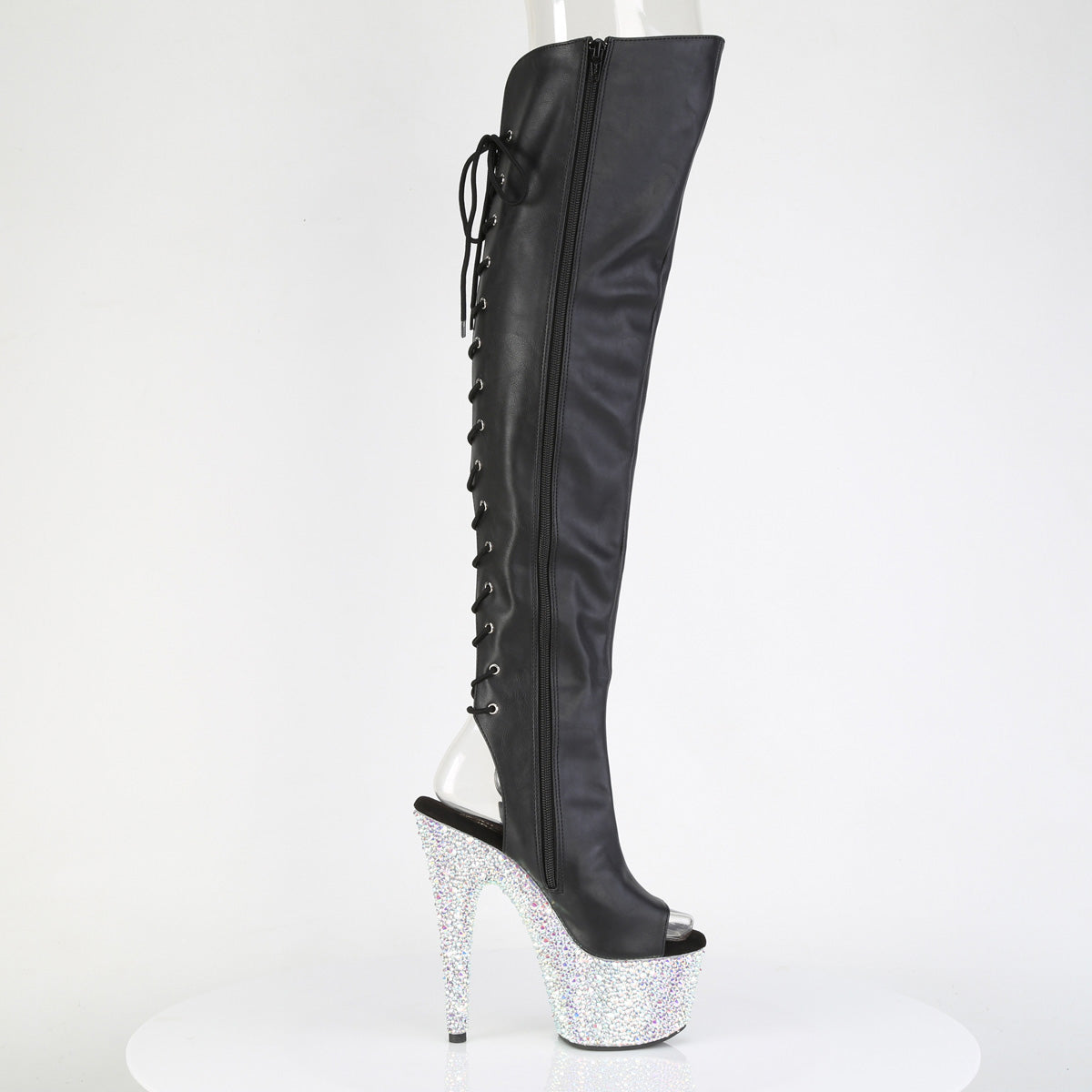 Pleaser Women's Platform Shoes BEJEWELED-3019MS-7 Blk Faux Leather/Slv AB RS
