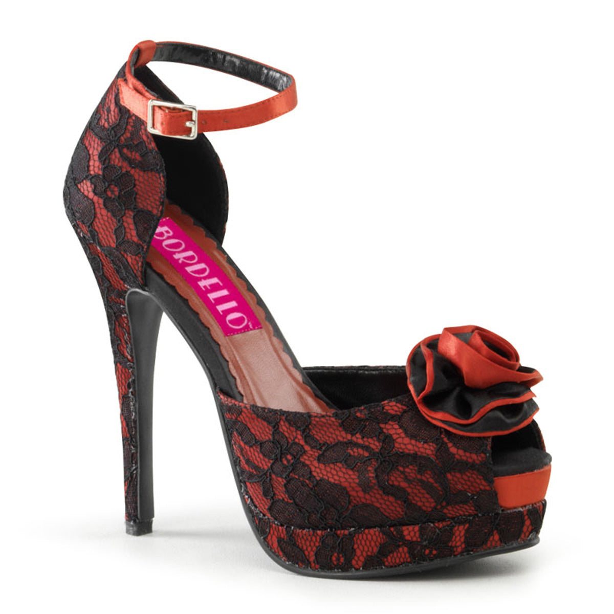 Bordello Frauenpumpen BELLA-17 Rote Satin-BLK-Spitze