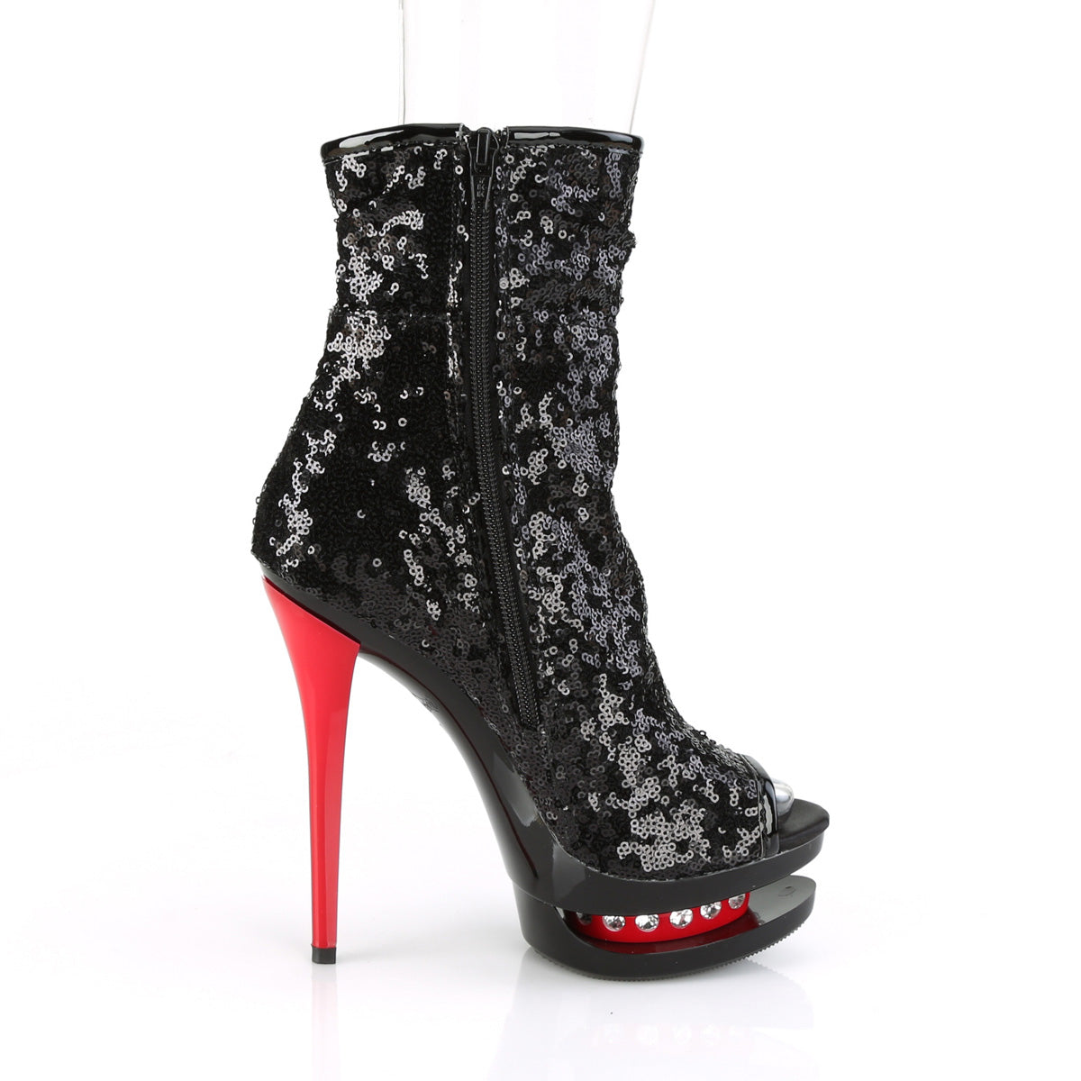 Pleaser Damen Knöchelstiefel BLONDIE-R-1008 BLK-Pailletten / BLK-rot