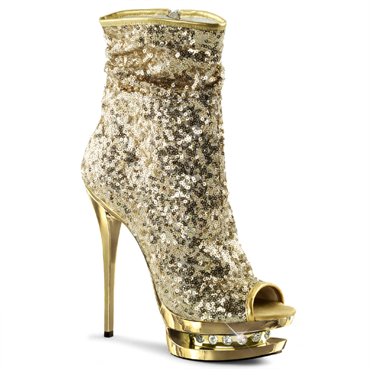 Pleaser Damen Knöchelstiefel BLONDIE-R-1008 Gold Pailletten / Gold Chrome