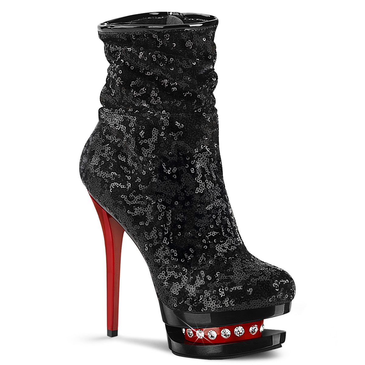 Pleaser Damen Knöchelstiefel BLONDIE-R-1009 BLK-Pailletten / BLK-rot