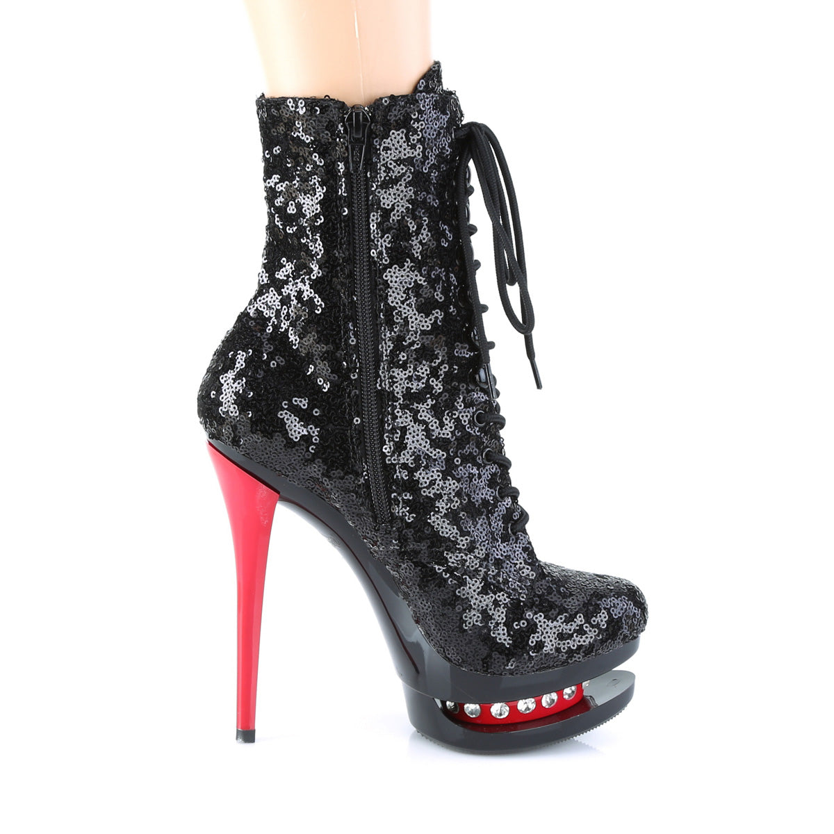 Pleaser Damen Knöchelstiefel BLONDIE-R-1020 BLK-Pailletten / BLK-rot