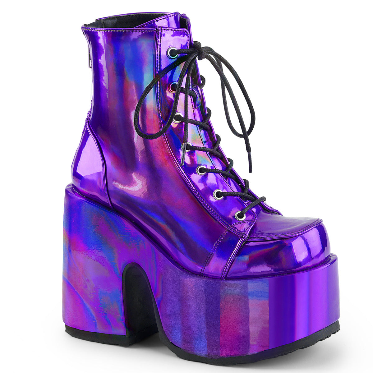 DemoniaCult Womens Ankle Boots CAMEL-203 Purple Hologram Vegan Leather