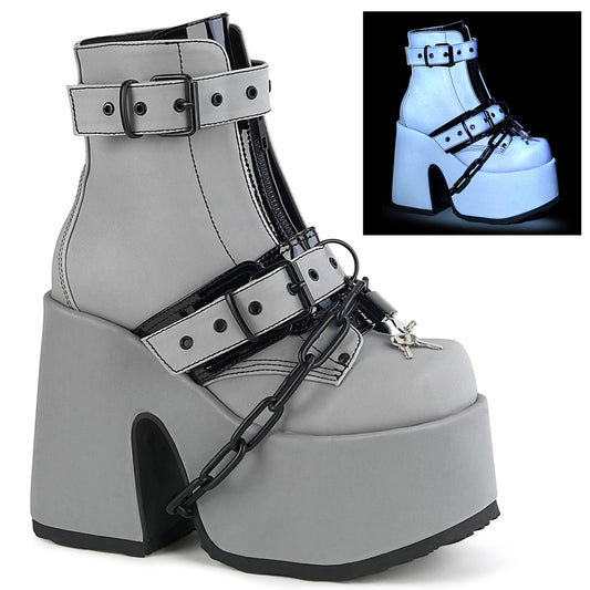 DemoniaCult Damenknöchelstiefel CAMEL-205 graues reflektierendes veganes Leder