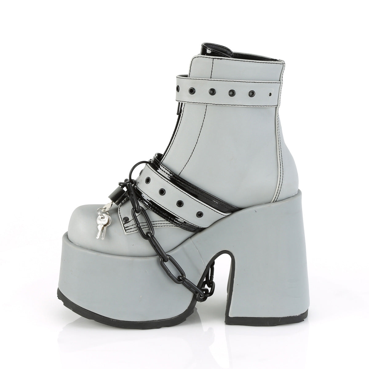 DemoniaCult Damenknöchelstiefel CAMEL-205 graues reflektierendes veganes Leder