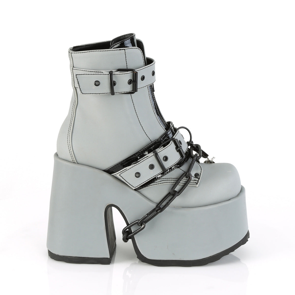 DemoniaCult Damenknöchelstiefel CAMEL-205 graues reflektierendes veganes Leder