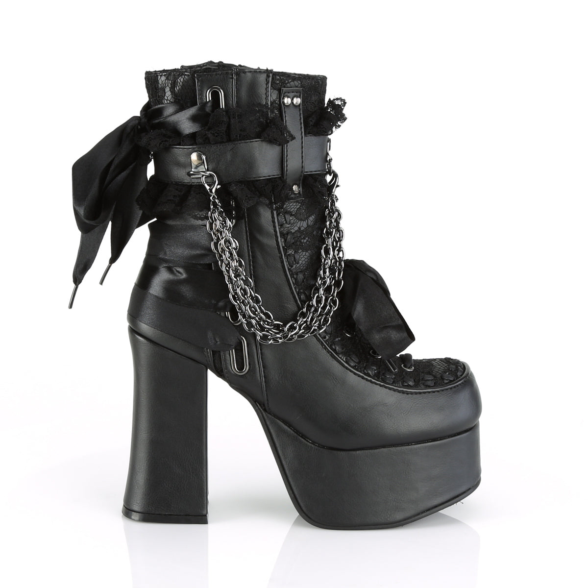 DemoniaCult Damenknöchelstiefel CHARADE-110 BLK Vegan Leder-Lace Overlay