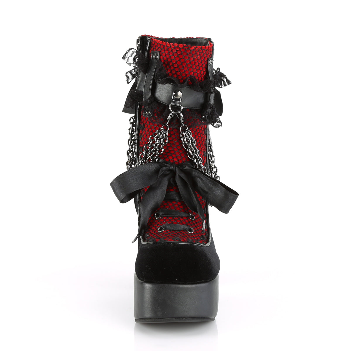 DemoniaCult Damenknöchelstiefel CHARADE-110 BLK V. LE-Red-Blk Velvet-Fishnet Overlay