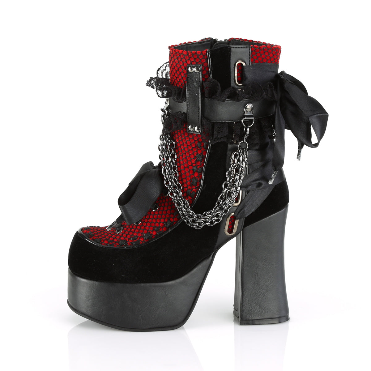 DemoniaCult Damenknöchelstiefel CHARADE-110 BLK V. LE-Red-Blk Velvet-Fishnet Overlay