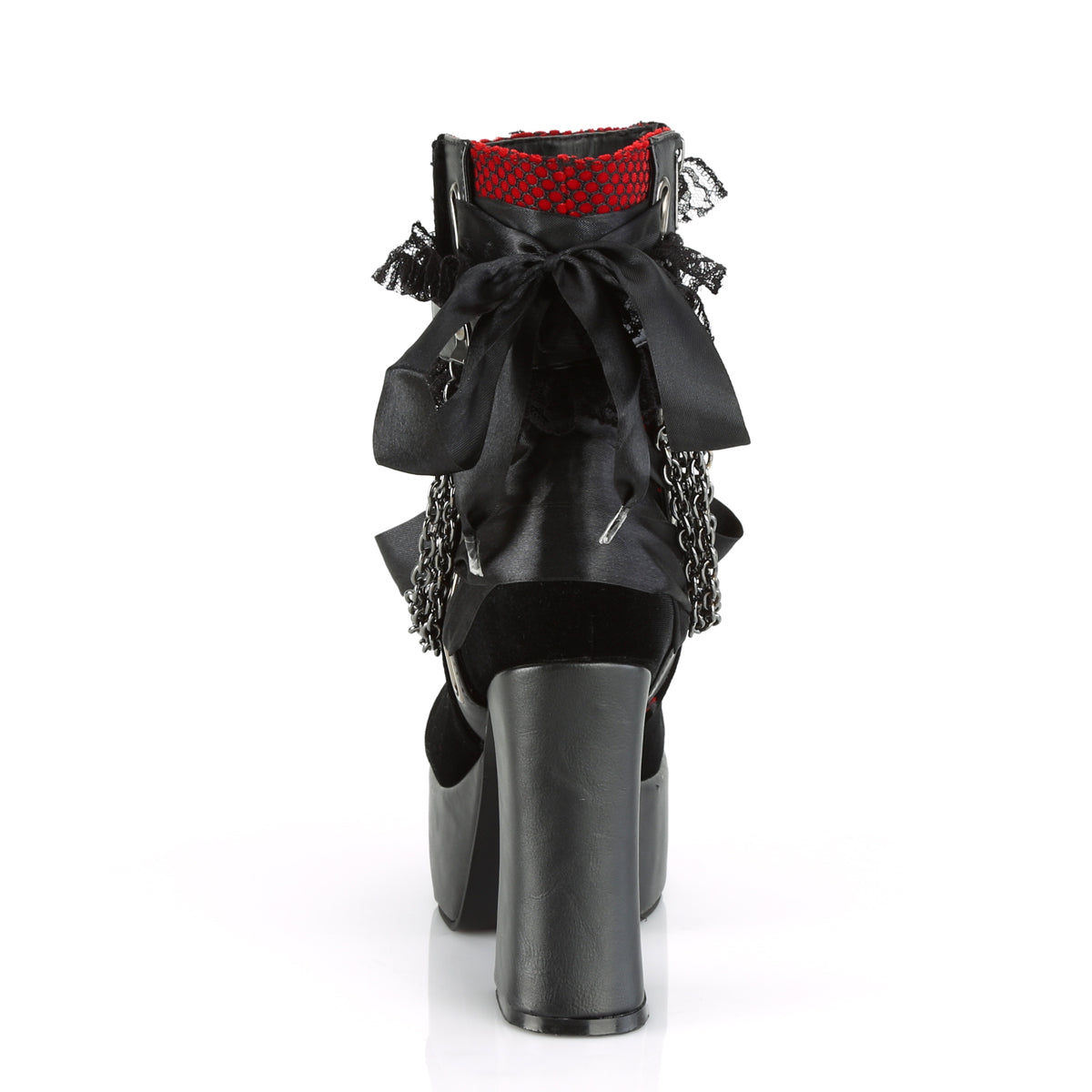 DemoniaCult Damenknöchelstiefel CHARADE-110 BLK V. LE-Red-Blk Velvet-Fishnet Overlay