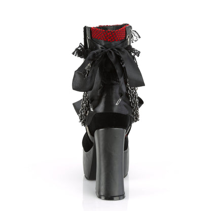 DemoniaCult Damenknöchelstiefel CHARADE-110 BLK V. LE-Red-Blk Velvet-Fishnet Overlay