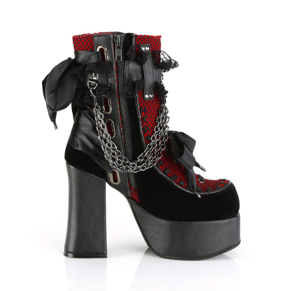DemoniaCult Damenknöchelstiefel CHARADE-110 BLK V. LE-Red-Blk Velvet-Fishnet Overlay