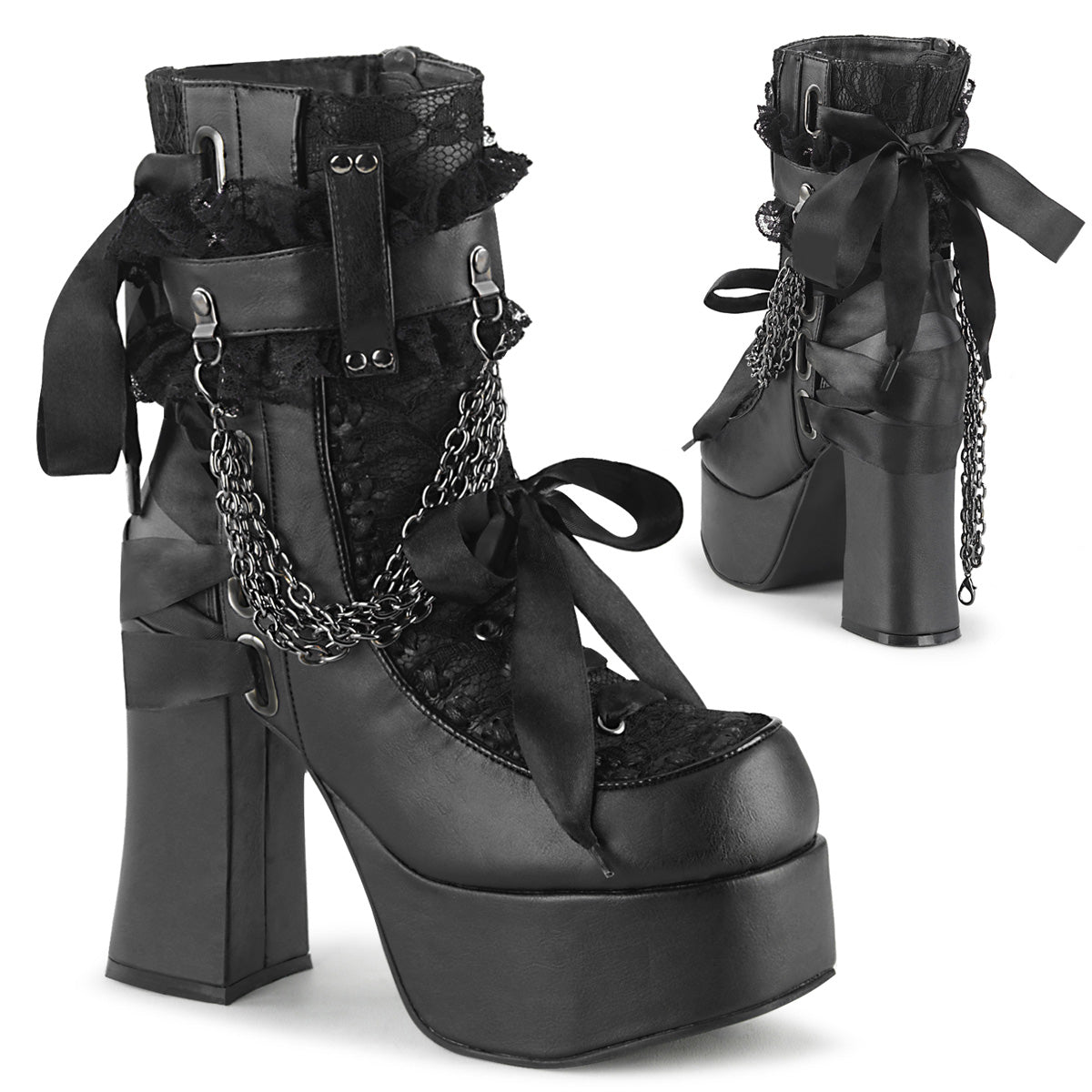 DemoniaCult Damenknöchelstiefel CHARADE-110 BLK Vegan Leder-Lace Overlay