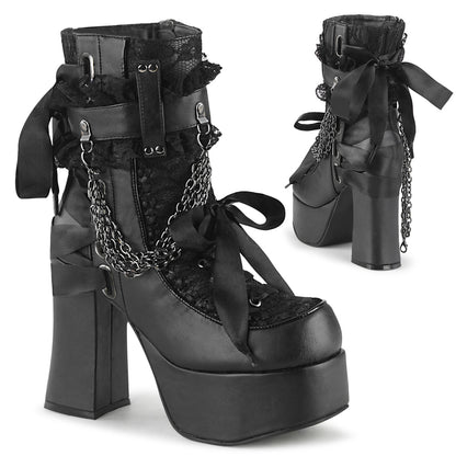 DemoniaCult Damenknöchelstiefel CHARADE-110 BLK Vegan Leder-Lace Overlay