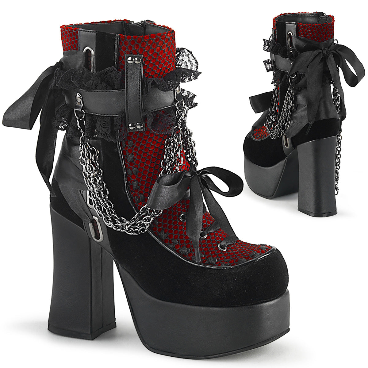 DemoniaCult Damenknöchelstiefel CHARADE-110 BLK V. LE-Red-Blk Velvet-Fishnet Overlay