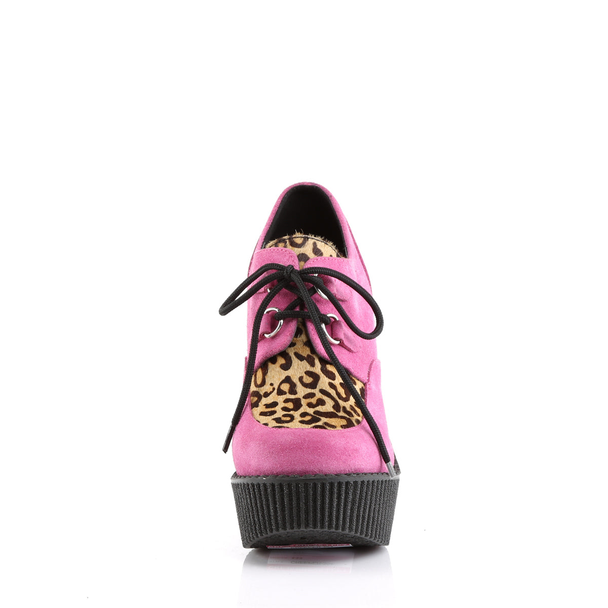 DemoniaCult Womens Low Shoe CREEPER-304 H.Pink Vegan Suede-Leopard Printed Pony Hair