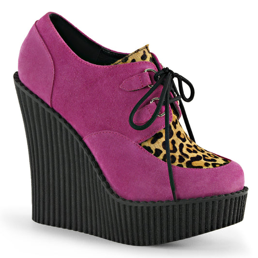 DemoniaCult Damen -Niederschuh CREEPER-304 H.Pink Veganer Wildleder-Leoparden gedrucktes Pony Haare