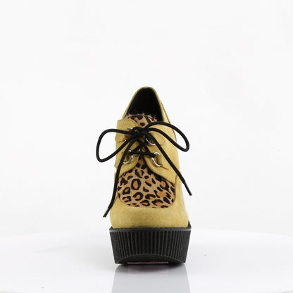 DemoniaCult Damen -Niederschuh CREEPER-304 Senf veganer Wildleder-Leopard-gedrucktes Pony-Haar