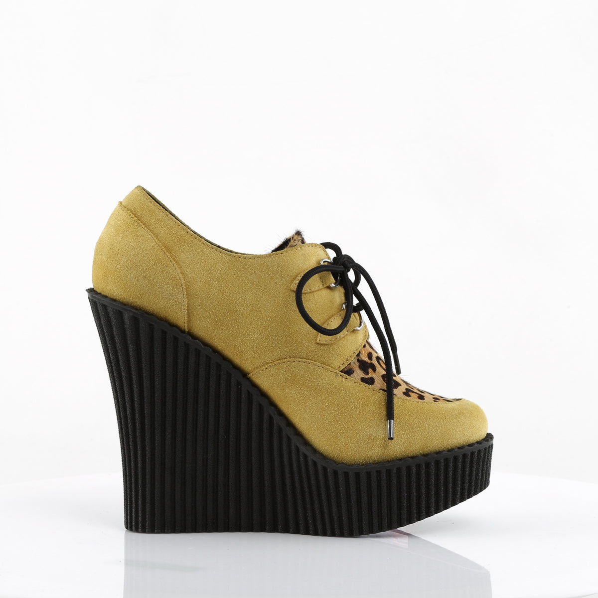 DemoniaCult Damen -Niederschuh CREEPER-304 Senf veganer Wildleder-Leopard-gedrucktes Pony-Haar