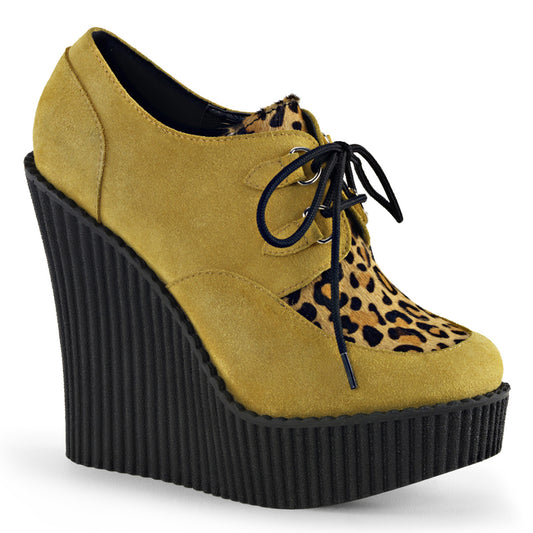 DemoniaCult Damen -Niederschuh CREEPER-304 Senf veganer Wildleder-Leopard-gedrucktes Pony-Haar