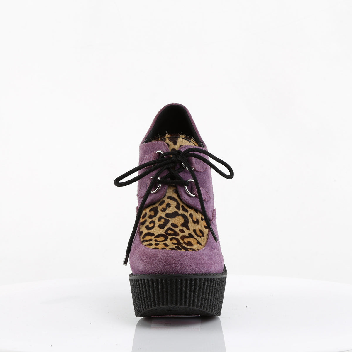 DemoniaCult Damen -Niederschuh CREEPER-304 Lila veganer Wildleder-Leoparden-Pony-Haare