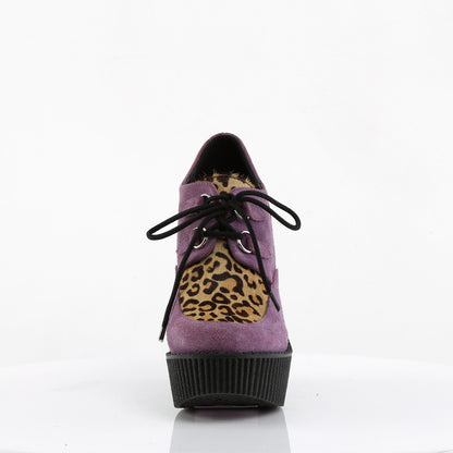 DemoniaCult Damen -Niederschuh CREEPER-304 Lila veganer Wildleder-Leoparden-Pony-Haare