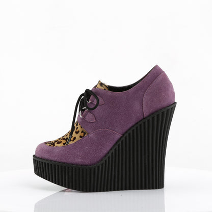 DemoniaCult Damen -Niederschuh CREEPER-304 Lila veganer Wildleder-Leoparden-Pony-Haare