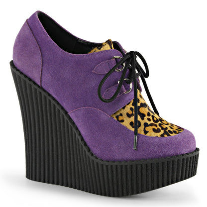 DemoniaCult Damen -Niederschuh CREEPER-304 Lila veganer Wildleder-Leoparden-Pony-Haare