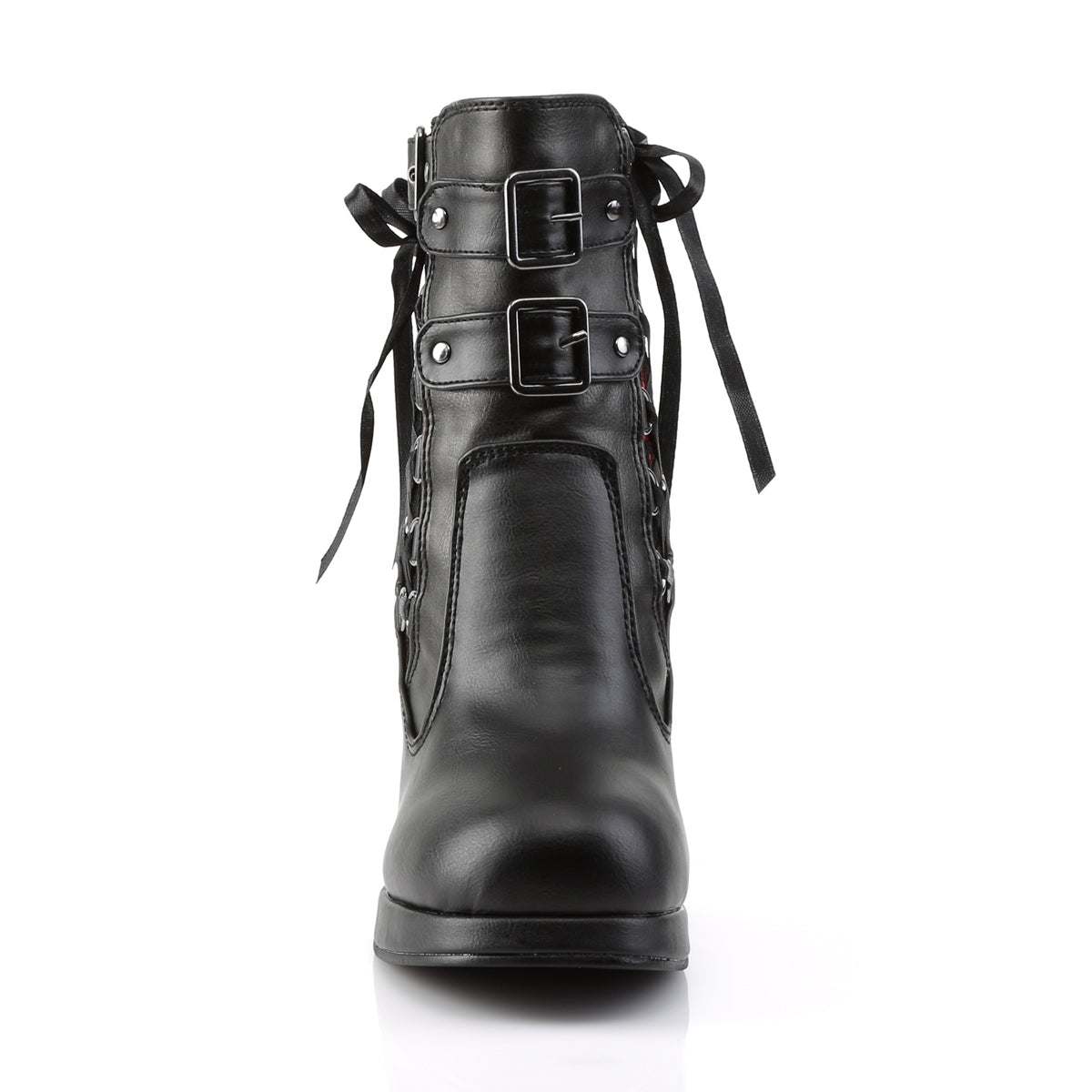 DemoniaCult Damenknöchelstiefel CRYPTO-51 BLK-rotes Spitze veganes Leder