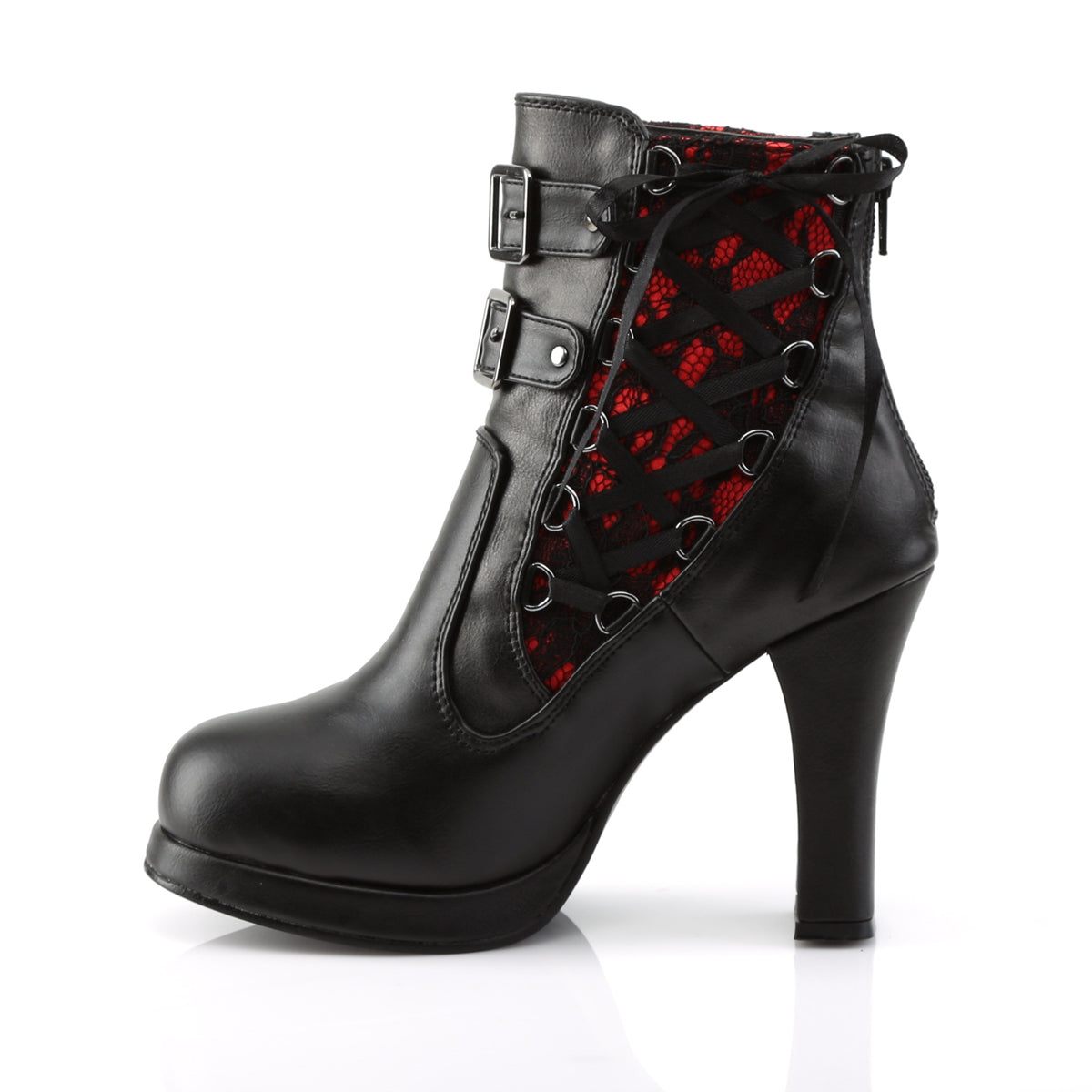 DemoniaCult Damenknöchelstiefel CRYPTO-51 BLK-rotes Spitze veganes Leder
