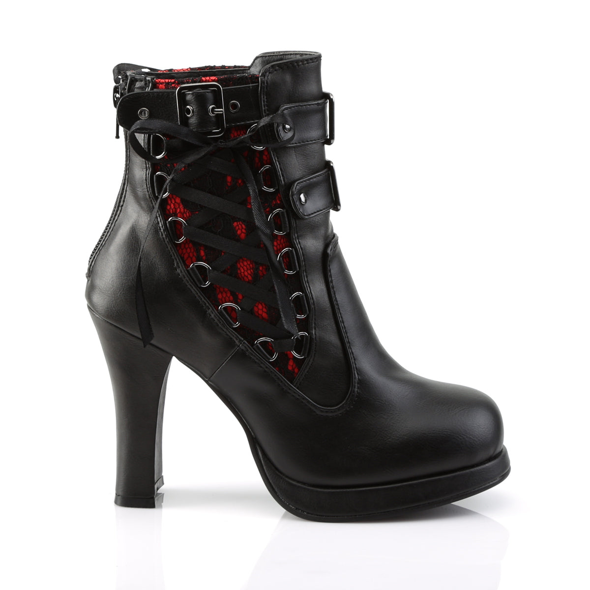 DemoniaCult Damenknöchelstiefel CRYPTO-51 BLK-rotes Spitze veganes Leder