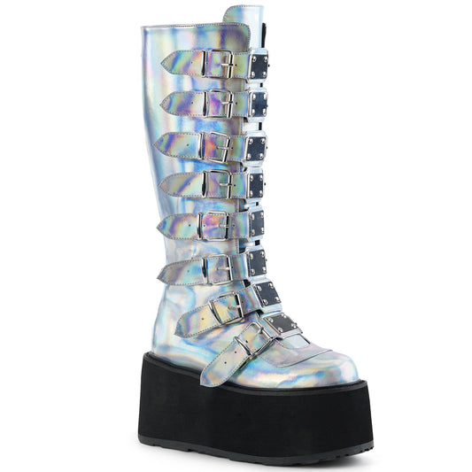 DemoniaCult Frauenstiefel DAMNED-318 Silber Hologramm veganes Leder