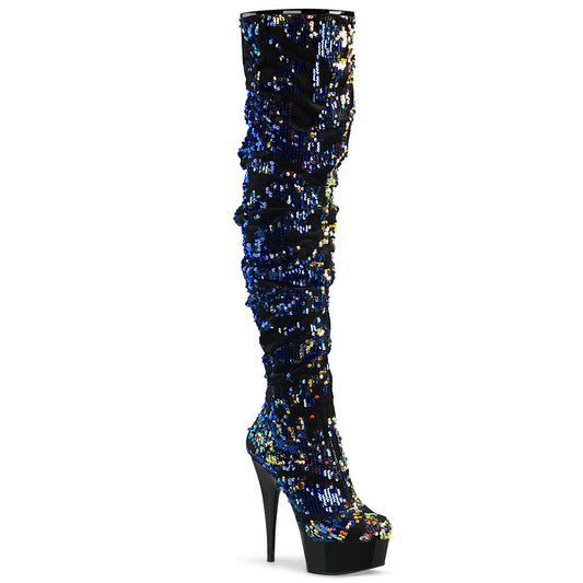 Pleaser Womens Boots. DELIGHT-3004 Blaue irisierende Pailletten / BLK
